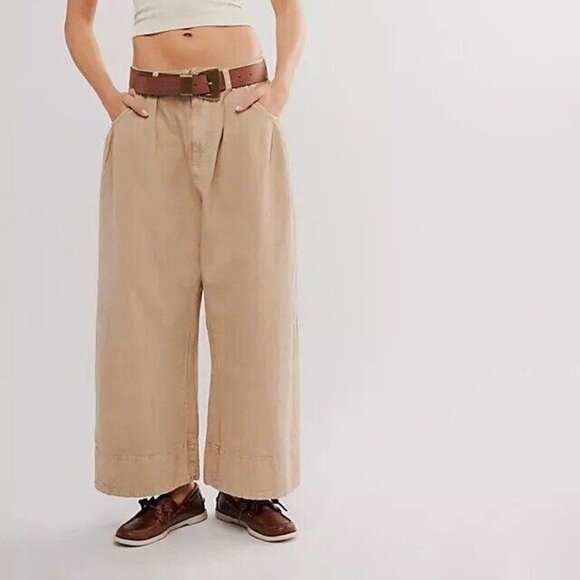 Free People Sweet Talk Chino Trousers Pants Mid-Rise Wide Leg Pleated S 278163
